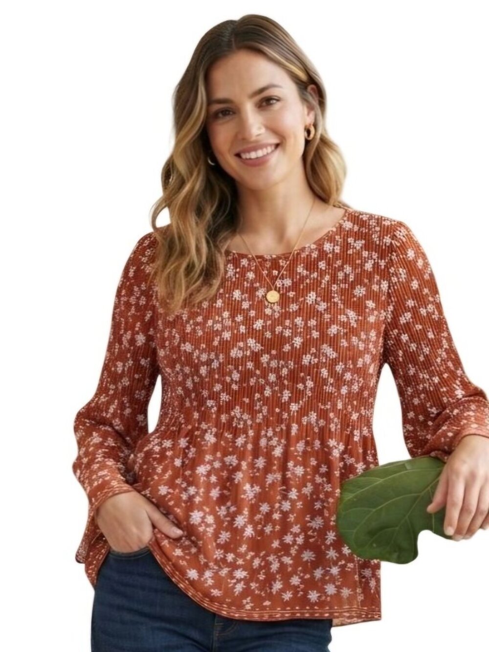Max Studio Ditzy Floral Pleated Relax Fit Bohemian Top Size M